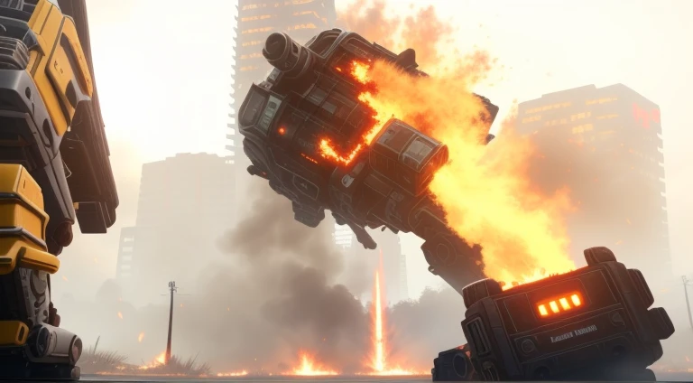 ((best quality)), ((masterpiece)), ((detailed shapes)), a very futuristic armoured robots, battle positions at chaos city(many explosion and fire broken buildings), looking to the camera, there is neon lights(realistics colored 3d), (4k quality),((high contrast))