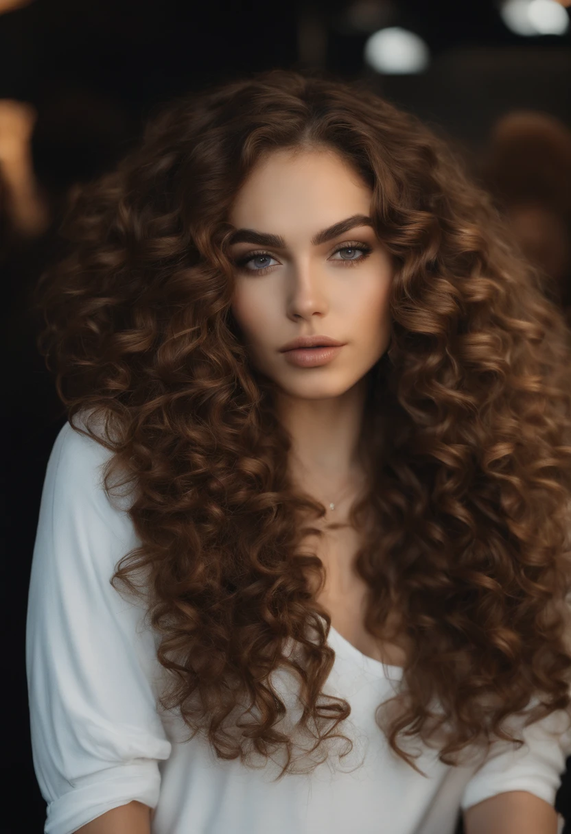 (realista)A woman with long curly brown hair in a club, Ava Max, Her hair is curly brown, with long curly brown hair, Perfect girl with curly brown hair , Curly Chestnut Goddess, long brown curly hair, Angelawhite, with curly brown hair, Curly Brown, Yelena Belova, Belleza asombrosa, brown curly hair, full curly brown, with long curly brown hair, Cara sexy,cuerpo completo