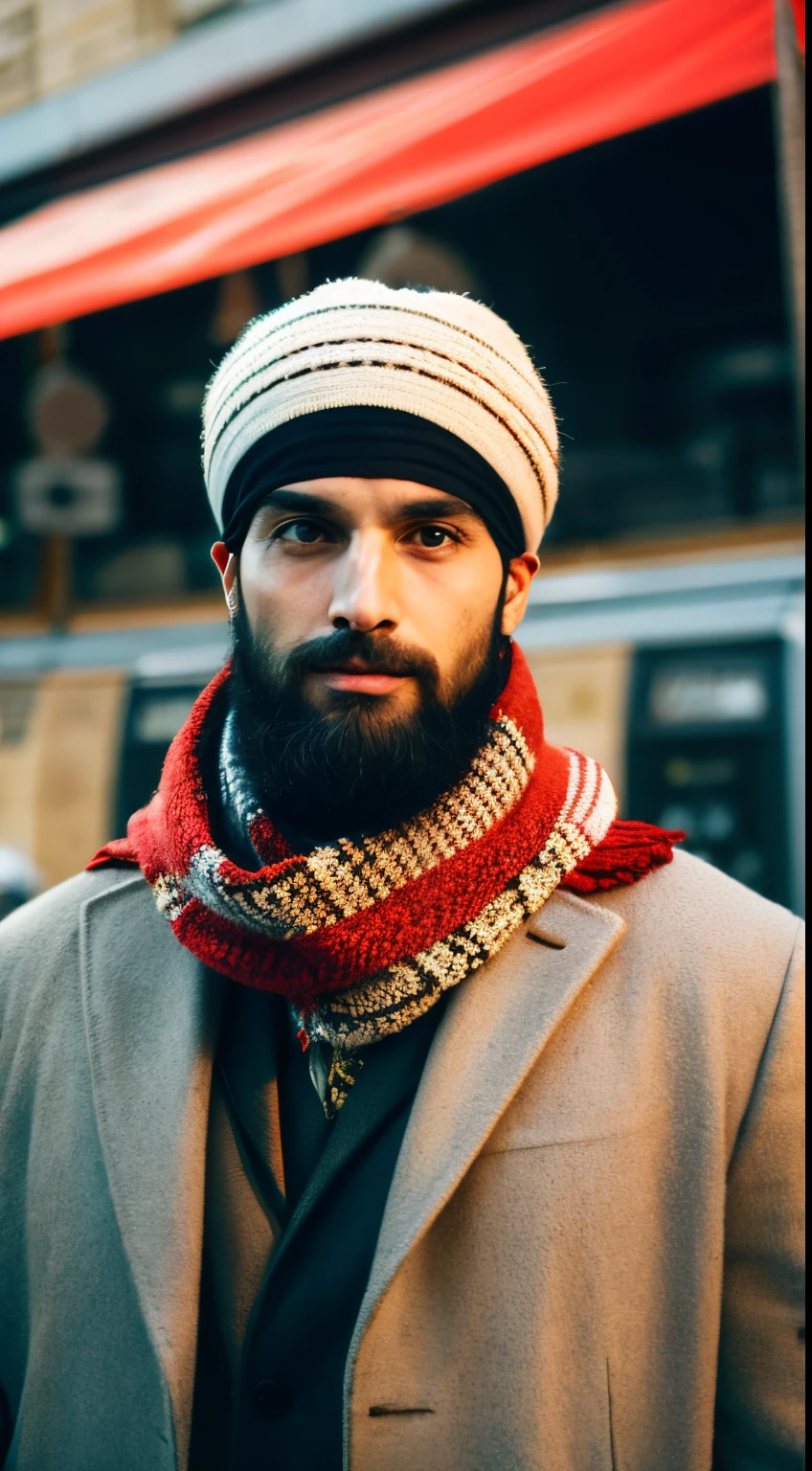 a man jacket and Attribute Palestinian flag scarf, typical muslim skullcap and, face no beard, turban, realistic photo high details vibe cinematic cozy on the street