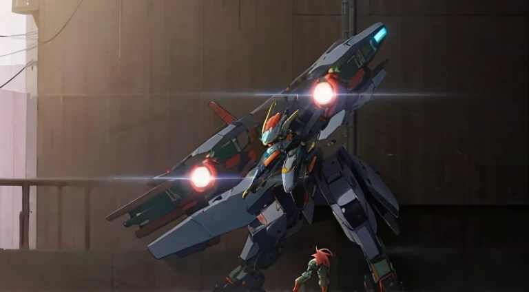 There is a robot standing in front of the camera, anime large mecha robot, giant anime mecha, anime robotic mixed with organic, FLCL + Gorgo 13 :10, Anime mecha, anime robots, Screenshots from the 2012 animation, anime movie screenshot, # mechs, Screenshot of the animated movie