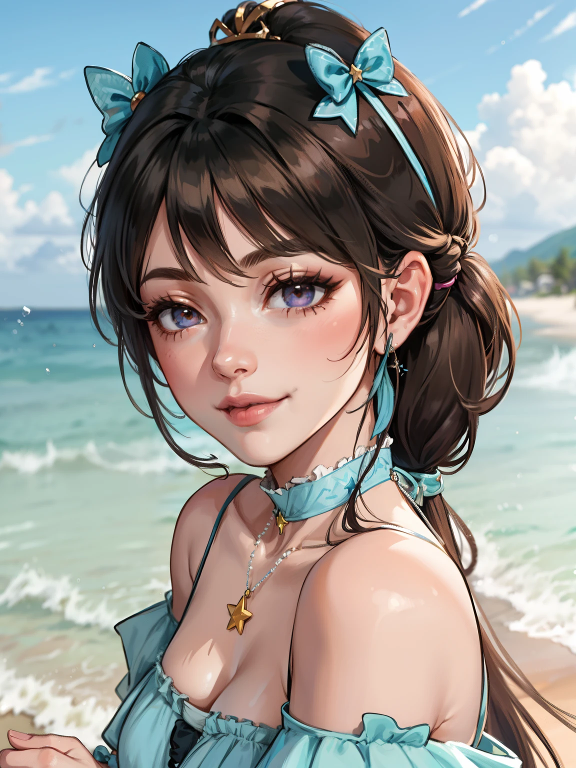 masterpiece, best quality, highres, ddfumika, idolmaster, side ponytail, hairband, hair ribbon, blue bow, star hair ornament, sidelocks, large breasts, collarbone, necklace, strapless, frilled bikini, arm garter, single wrist cuff, midriff, layered skirt, bridal garter, beach, standing, smile, outstretched arms