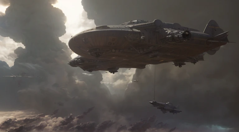 There is a photo of a person taking a plane, Matte paint for steam engine, epic spaceship scene, Extremely detailed matte painting, Wide angle shot of spaceship battle, steampunk airships fly overhead, epic science fiction movie, depicted as a scifi scene, epic cinematic matte painting, Akira CGI movie stills, intricate matte painting, detailed matte painting