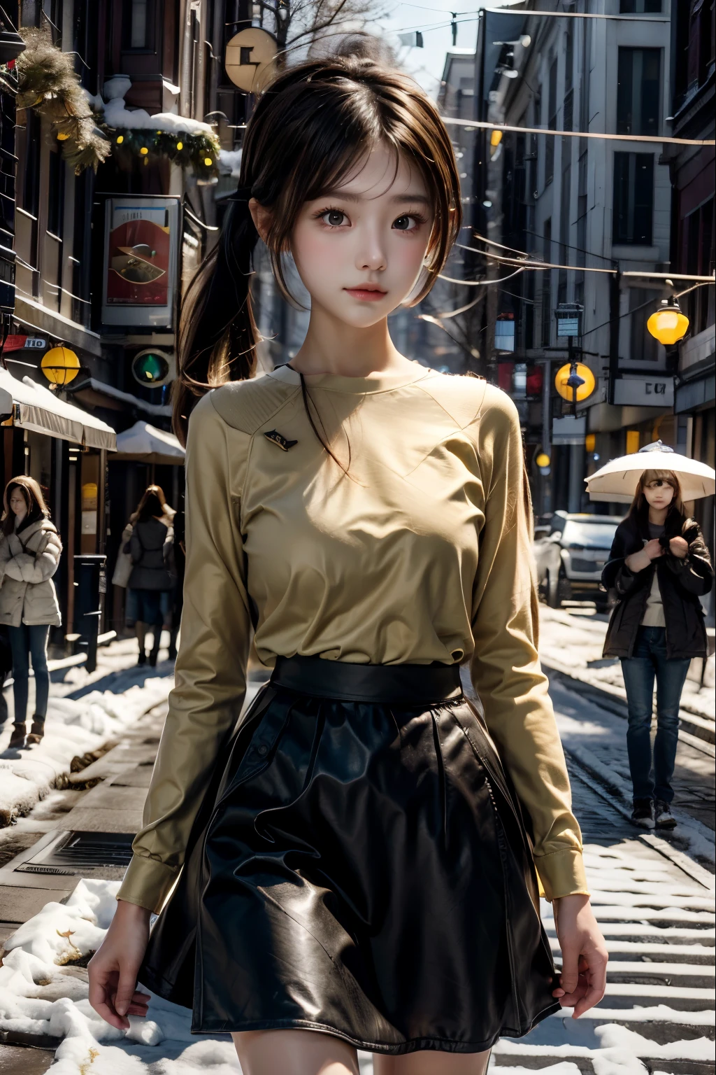 1 girl , short pony tail, bright light yellow shirt, brown long skirt , christmas, snowing, street view.