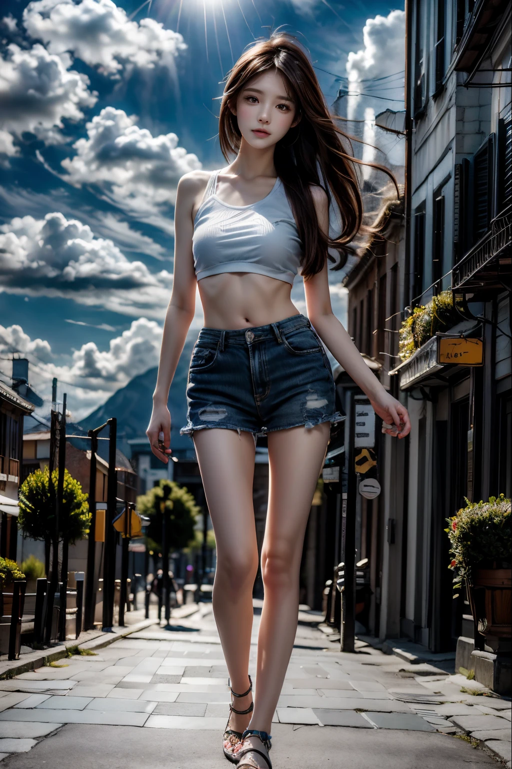 A dynamic scene featuring a girl with short, light blue hair in an action pose, as if she's in the middle of a thrilling urban adventure. She's standing on a rooftop at sunset, with the city skyline in the background. Her cool, casual outfit flutters slightly in the wind, and her expression is confident and focused. The warm glow of the setting sun casts long shadows, and there's a sense of motion in the air, with distant lights beginning to turn on across the city. The atmosphere is vibrant and full of energy