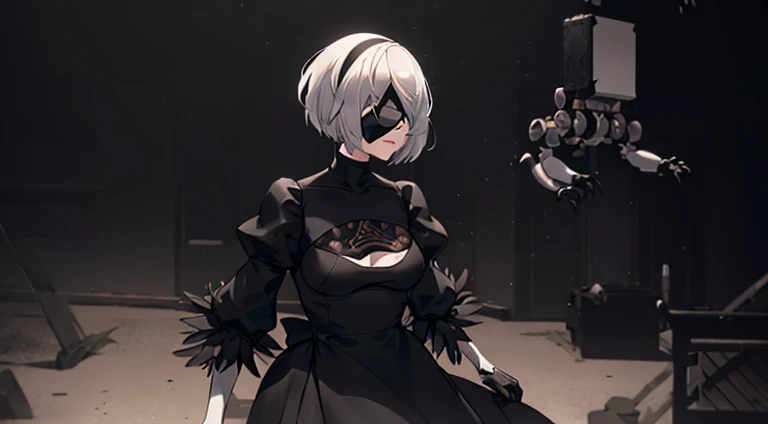 masterpiece, best quality, solo, (yorha no. 2 type b:1.14), (covered eyes:1.05), (portrait:1.1), (upper body:1.1), medium breasts, expressionless, 1girl, solo, (ruffling hair, messy hair:1.1), short hair, white hair, beautiful background, best quality, ultra detailed, 1girl, solo, standing, medium hair, blunt bangs does not look at the viewer, blindfolded, white shirt, tie,  black skirt, black gloves, focus on face, focus on body, focus on clothes, earrings, accessories