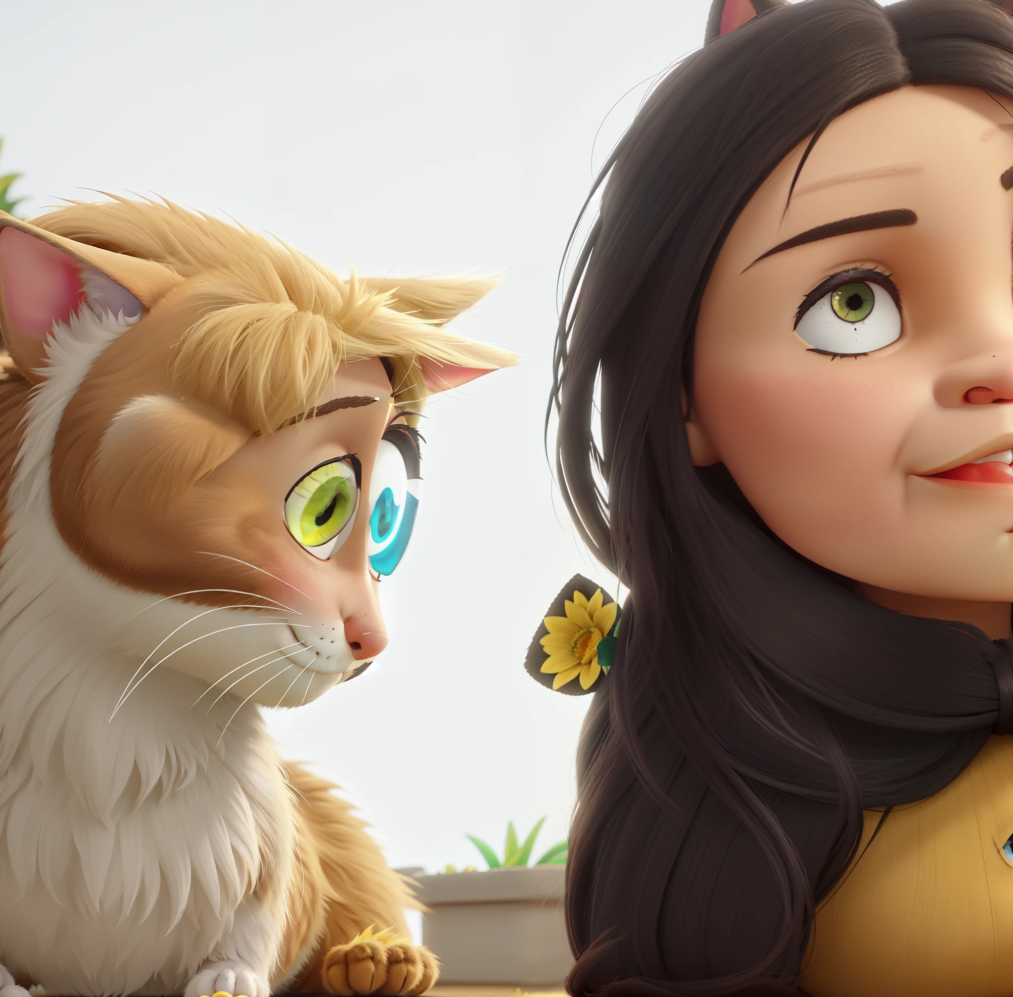 Uma mulher de olhos amendoados e pele morena olhando de frente, ao lado de um gato amarelo olhando para ela, ao fundo um jardim florido, estilo pixar, alta qualidade, melhor qualidade