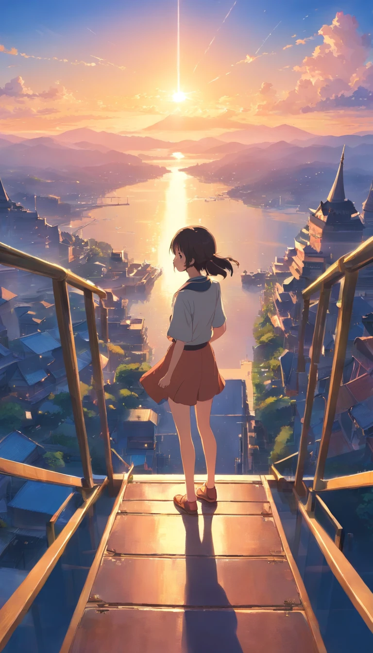 The castle floats in the sky，No Human, No one，​​clouds，satellite angle，Looking down from above，bright，vale，cheerful，Warm and soft lighting，the sunset，（spark of light：0.7）， tmasterpiece，Best quality，cinematic Film still from，