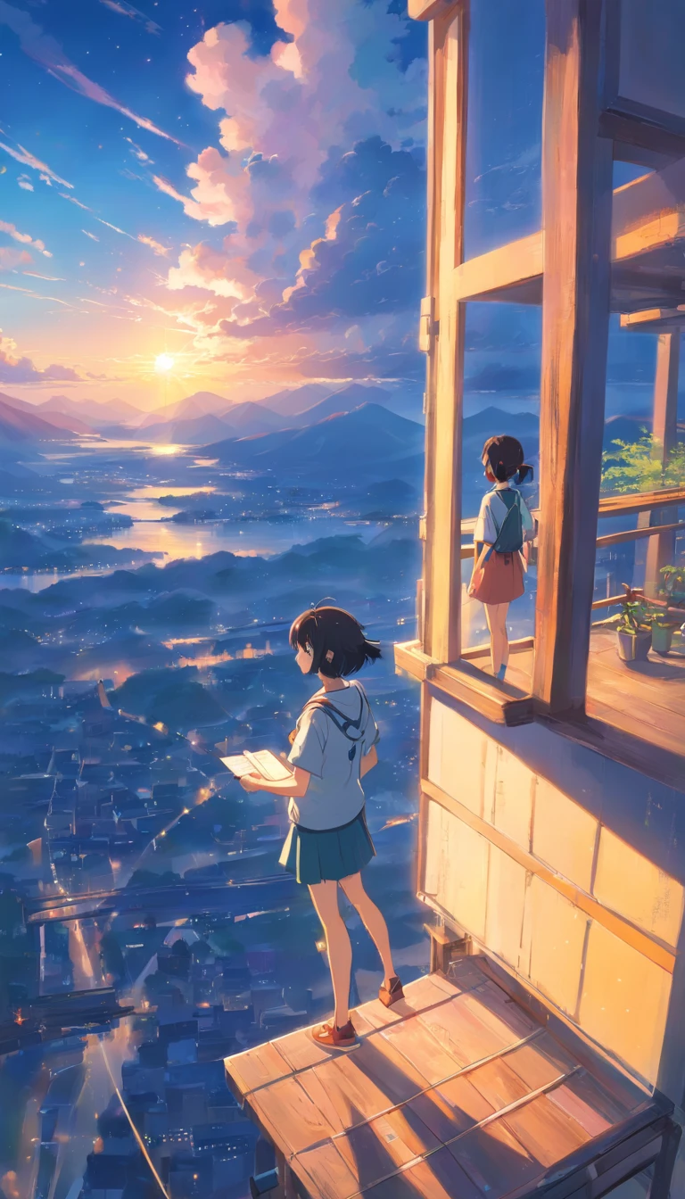 The castle floats in the sky,No Human, No one,clouds,satellite angle,Looking down from above,bright,vale,cheerful,Warm and soft lighting,the sunset,(spark of light:0.7), tmasterpiece,Best quality,cinematic Film still from,