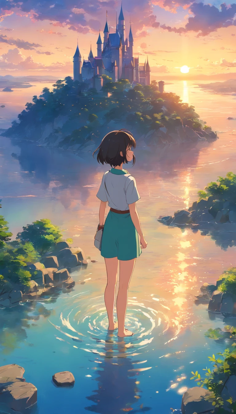 The castle floats in the sky，No Human, No one，​​clouds，satellite angle，Looking down from above，bright，vale，cheerful，Warm and soft lighting，the sunset，（spark of light：0.7）， tmasterpiece，Best quality，cinematic Film still from，