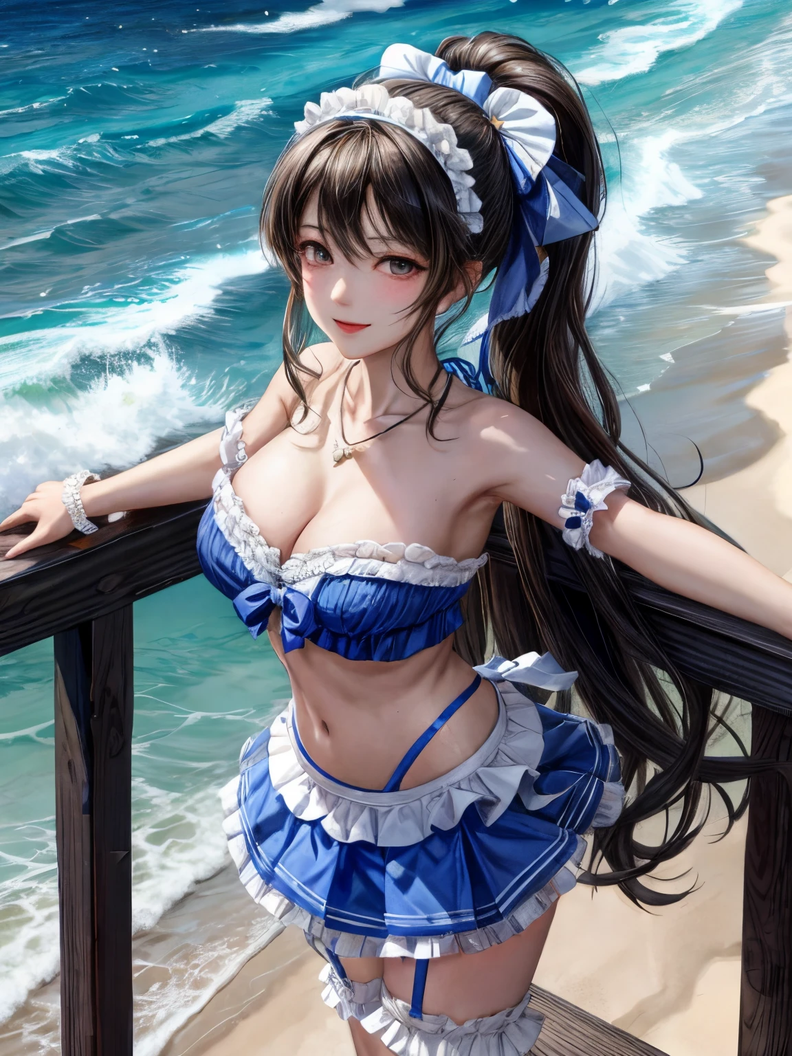 masterpiece, best quality, highres, ddfumika, idolmaster, side ponytail, hairband, hair ribbon, blue bow, star hair ornament, sidelocks, large breasts, collarbone, necklace, strapless, frilled bikini, arm garter, single wrist cuff, midriff, layered skirt, bridal garter, beach, standing, smile, outstretched arms,