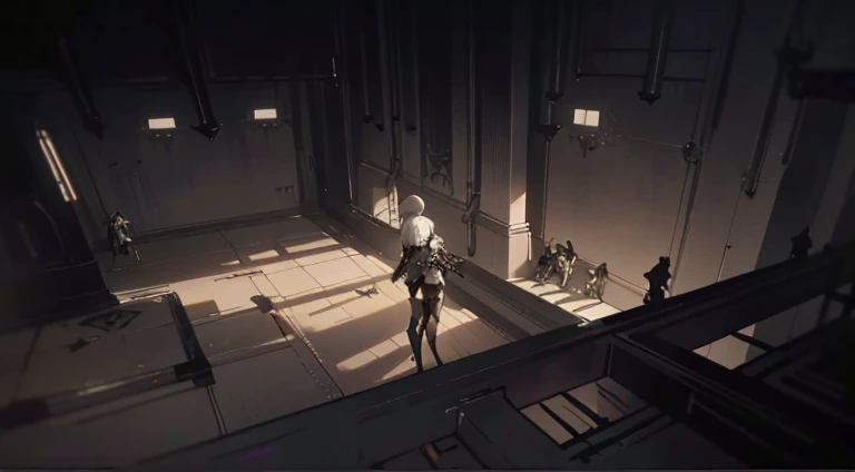 Close-up of a man standing on the floor in a dark room, Nier Automata concept art style, nier automata concept art, NieR Automata 2b stills, NieR Automata spaceship style, Screenshot of Nier Automata, Neil 2b, mecha floor, nier automata, cutscene clips, Neil:automaton