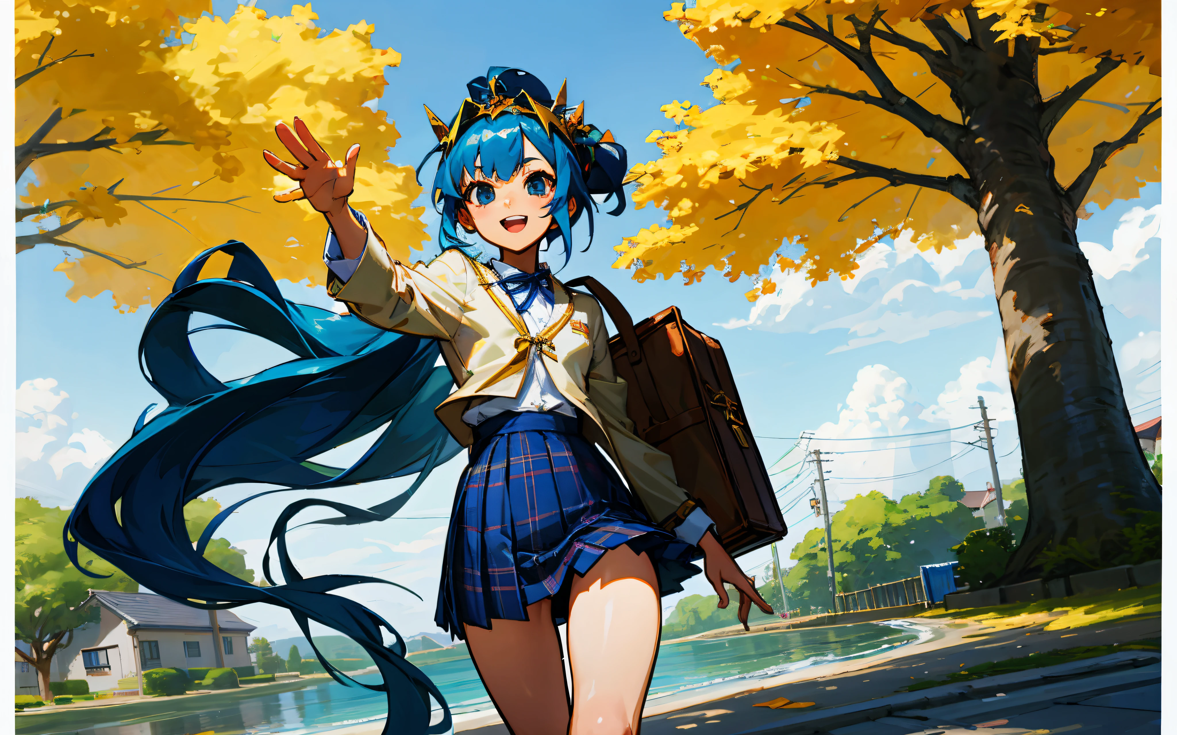 ​masterpiece、top-quality、Highly detailed art jam, lively girl、Short stature、slender、flat breast、Thin body、(blue and long hair)、(Upstyle Hair:1.3)、hair bunch、（（A tiny：1.５）、Holding her hair in place with a gold headpiece）、Disheveled bristles、校服、Dark blue blazer、white  shirt、bow ribbon、Plaid miniskirt、Beautiful thighs with gloss、white sock、lowfers、（（Nero：1.４）、Carry a briefcase on your shoulder）、Walking with a thigh、Coming to school、Wave your left hand loudly、Smile、Opening Mouth、waving hand in the air、Look at viewers、Background with、Trees、Residential houses、Wagas