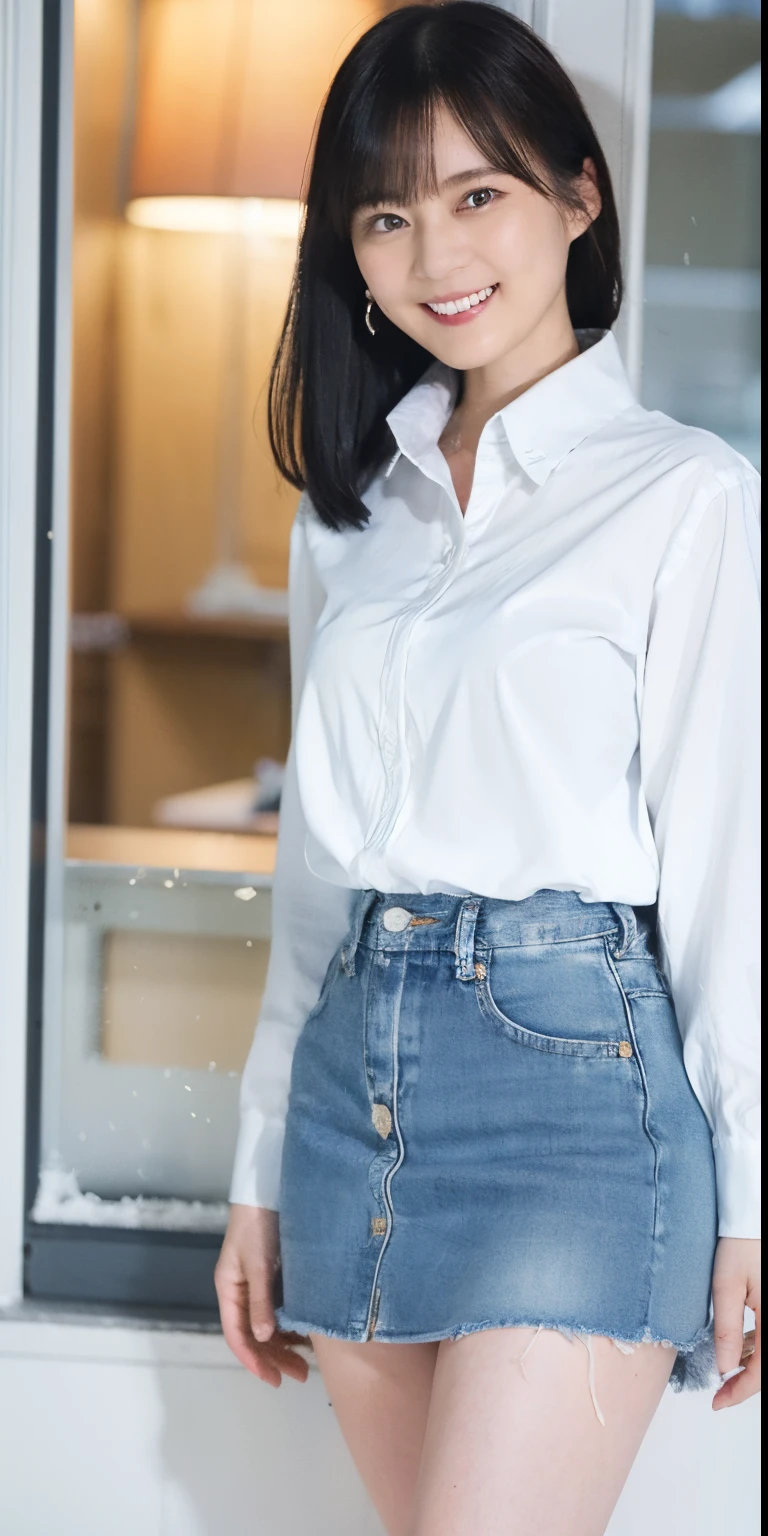 hight resolution、high-level image quality、Real live-action、(8K, top-quality, ​masterpiece:1.2), (realisitic, Photorealsitic:1.37), ultra-detailliert, 1 girl in、Ultra mini skirt、18 year old adult beauty、Arms bare、White panties、Detailed panty patterns、panties focus、poneyTail、Sleeveless blouse、Tiny panties、full body Esbian, outside of house, (((Beautiful alignment and snow-white teeth)))、(Adjusted hair:1.5) Officelady, Yellow Super Mini Skirt、, Denim skirt, (panthyhose: 1.2)、(Short button-down shirt:1.2)、Button Up Color Prim、Button Down Color Prim、bura、(panthyhose:1.2)、Alpha Layer、high-heels、earring beautiful、cute little、独奏、Beautiful detailed sky、(A smile:1.15)、middlebreasts、Eyes in Beautiful Details、Business attire、（short-hair：1.2）、Floating Hair NovaFrogStyle、