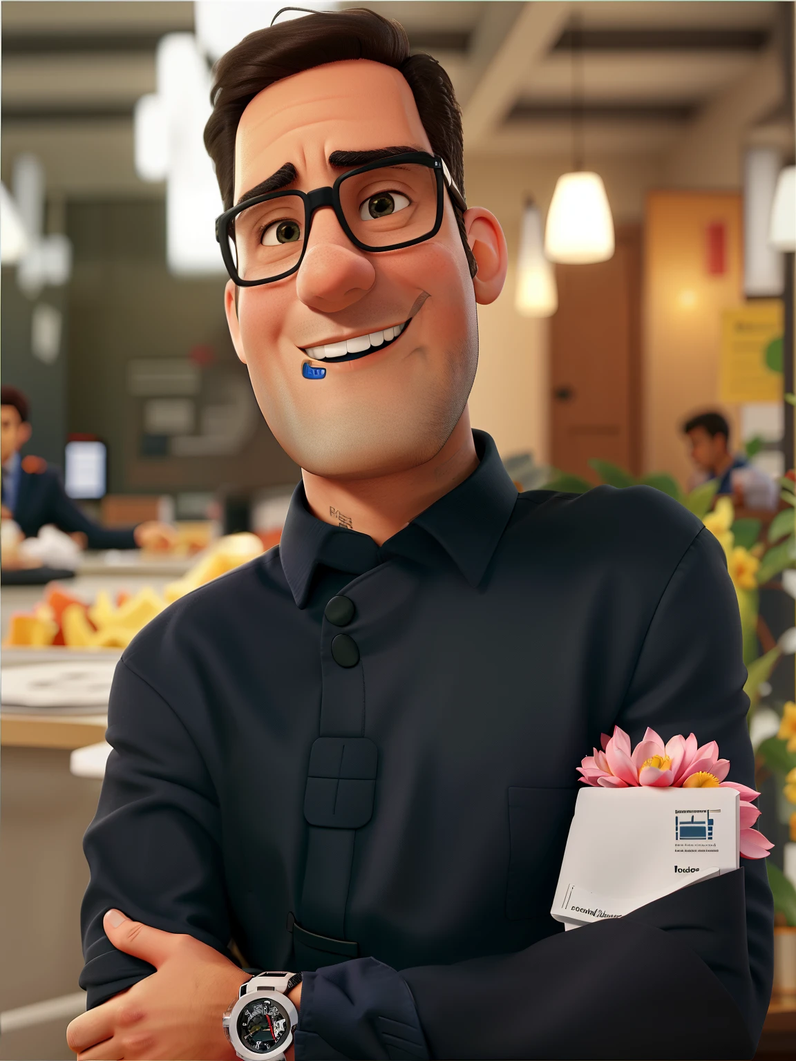 A businessman, segurando seu SmartWatch para propaganda de sua loja chamada godines
