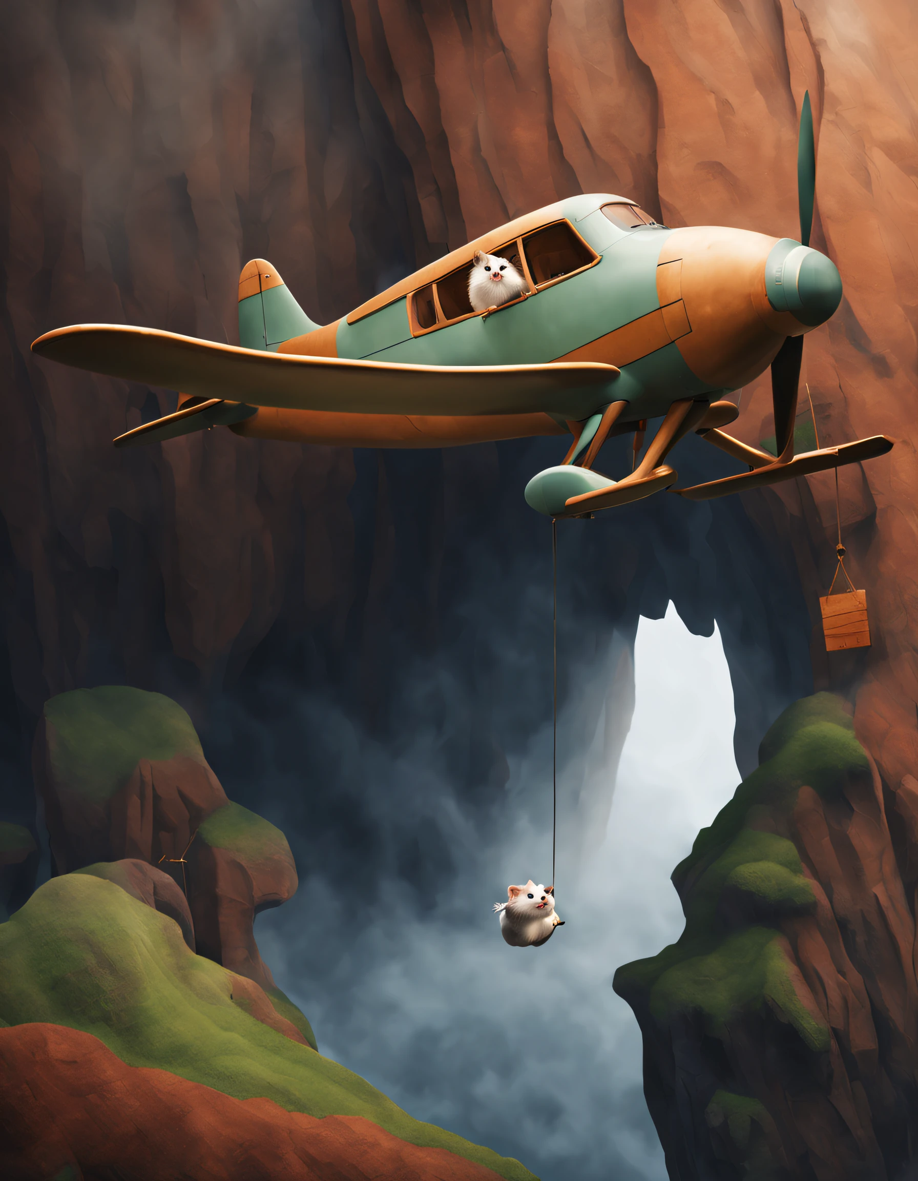 scenography，Very unified CG design，（Cute little hamster flying in wooden airplane），Background with：Between two mist-shrouded cliffs，
pixar-style，Felicia Simien and Studio Ghibli-style minimalist photography，Produced by Pixar，Maximalism，fine art，电影灯光，negative space，Dark art，ultra-realistic realism，ukiyoe painting，