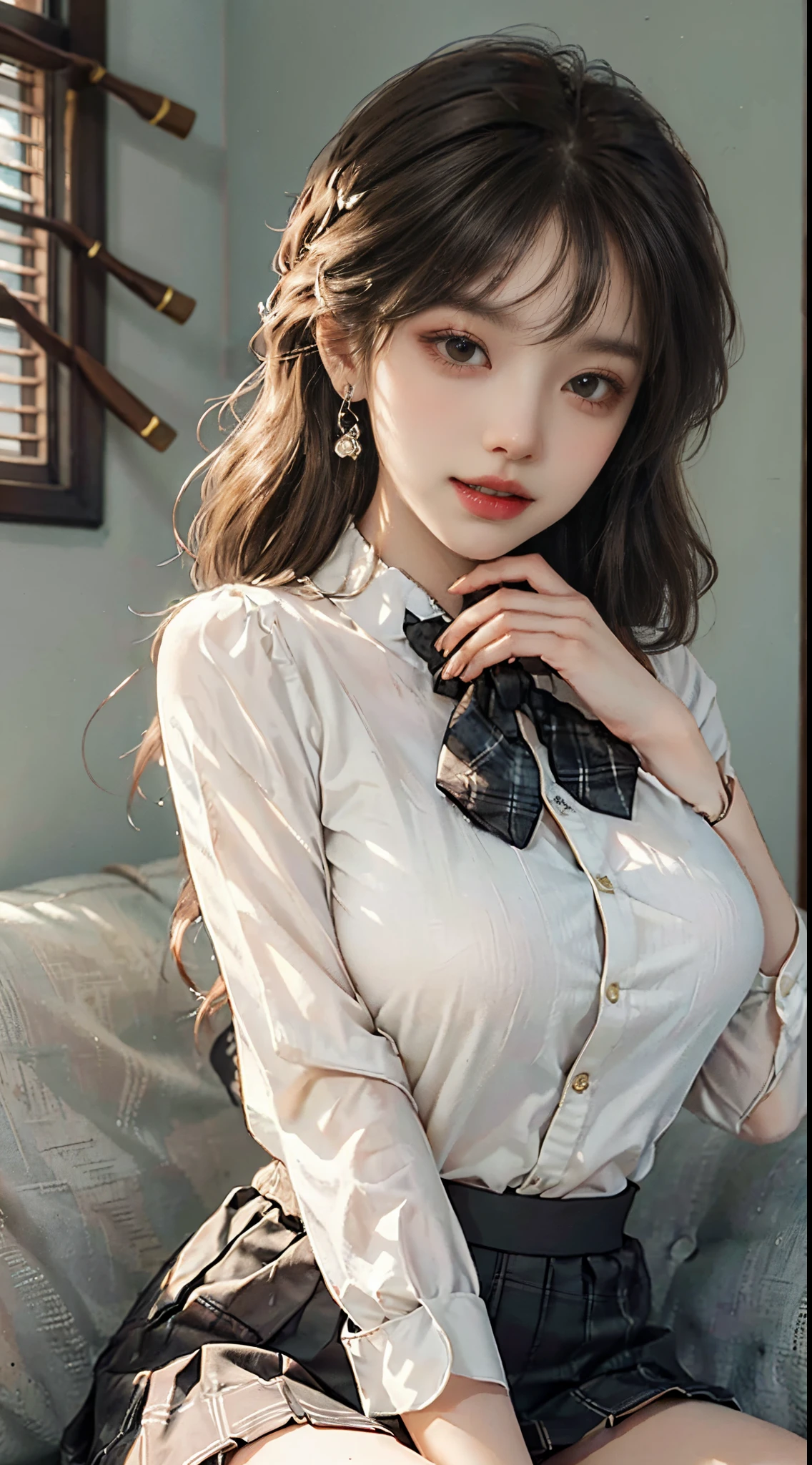 ulzzang -6500-v1.1, (Raw foto:1.2), (Photorealsitic), a beautiful detailed girl, extremely detailed eye and face, Beautiful detailed eyes, huge filesize,  hight resolution, ighly detailed, of the highest quality, [​masterpiece:1.6], [JK school uniform], illustratio, finely detail, of the highest quality, 8k wallpaper, Cinematographic lighting, 1girl in、、Cute Japan high school girl、perfect body type、[Unbutton a white school blouse、The bra is visible、Japan schoolgirl uniform]、[huge-breasted、heavy breasts、H-cup:1.9]、Beautiful big eyes、Sweat all over the body、[sexual excitement:1.1]、[lyin in bed:1.5]、Raise both hands、School uniform ribbon around neck、A slight smile、Light in the eyes、Put your head on the pillow、Button open、(Twin-tailed)、laying on back、School uniform skirt、White blouse with open buttons、bra very、No jacket