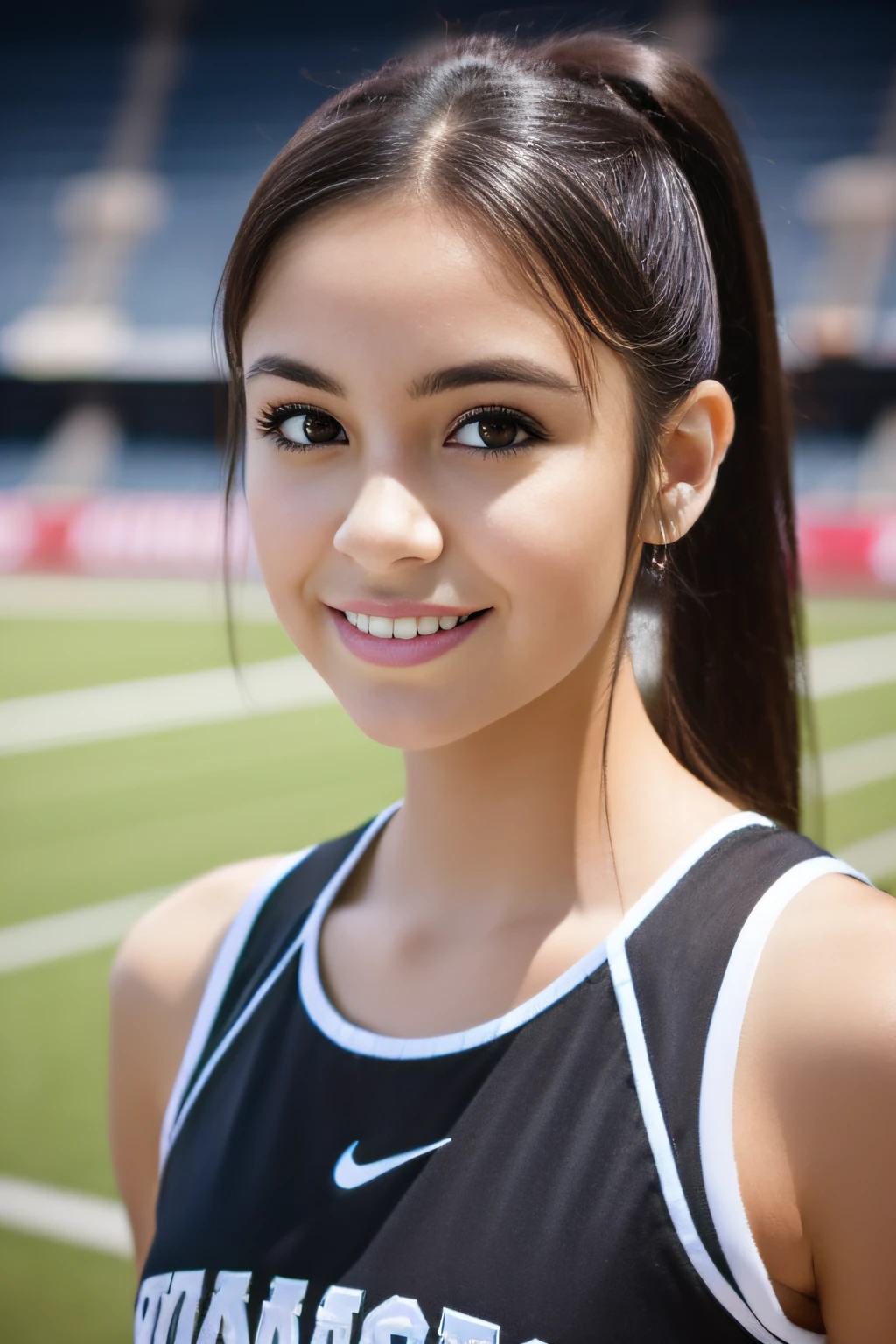 Latin girl. Dark hair. Straight hair. Dark Eyes. Teen. Young adult. Pretty. Popular. Outgoing. Cheerleader. Thin eyebrows.