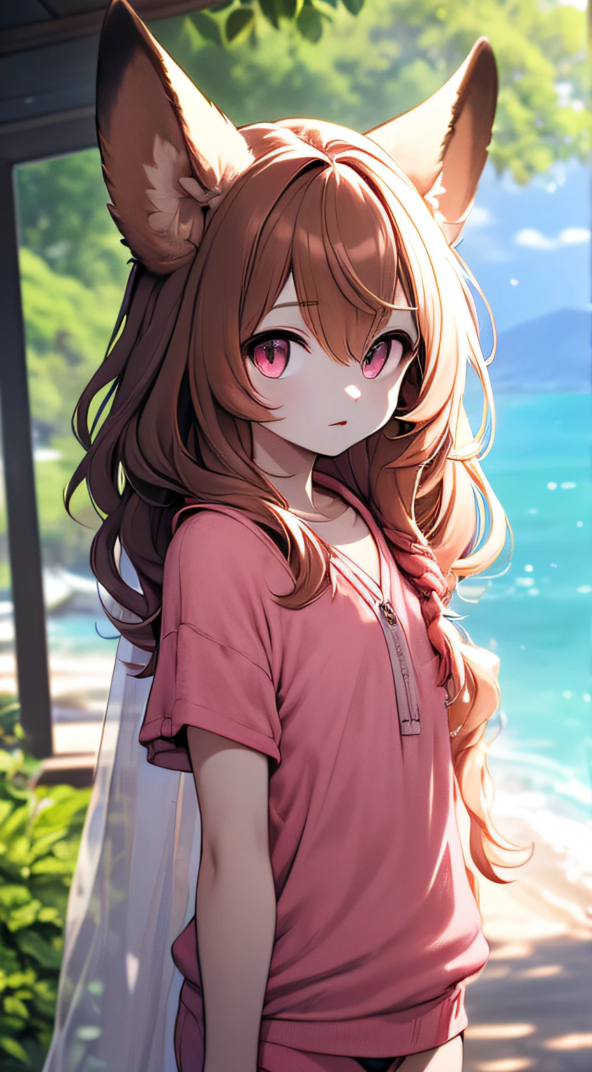 A high resolution, depth of fields, tmasterpiece, Best quality at best, Seafront,Shawl hair, Alone, looking at viewert, Defiant eyes,shaggy,Red Fox,smallunderboob,bit girl,Brown hair,a pink eyes,Wear separately(Short-sleeved trackwear),Orc party,
