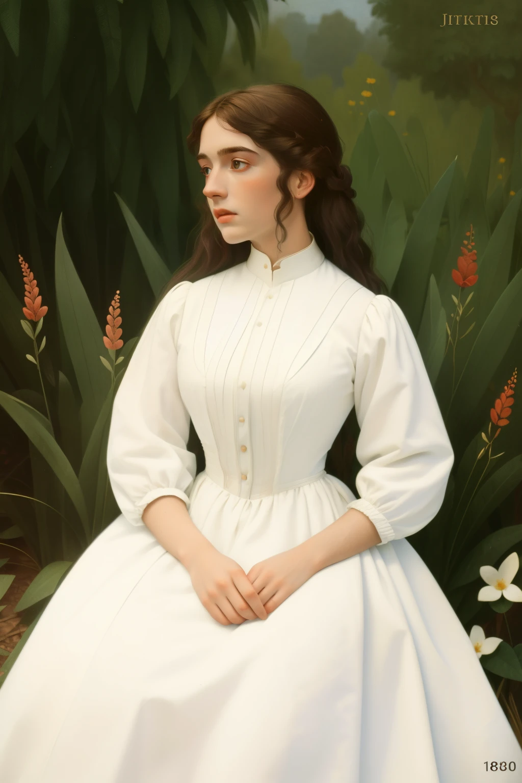 1885, england. Pre-raphaelite -yeld Jefer Connelly, boarding school gardens, ((((1880s clothes, white dress)))), ((1880s hairstyle))