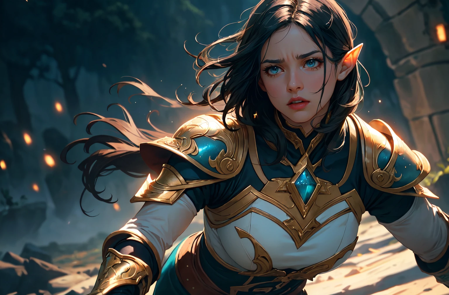 ((masterpiece)),(best quality), ((mature)) beautiful 1woman elf ranger, ((cinematic)), dynamic:1.2, intricate ((closed realistic)) armor, particles:1.2, (pastel:1.2), (black hair), (intricate cinematic background:1.2), (depth of field), (emotional face), fantasy, thriller, (Action movie), amazing, Powerful, Mysterious, ((dramatic scene from movie))
