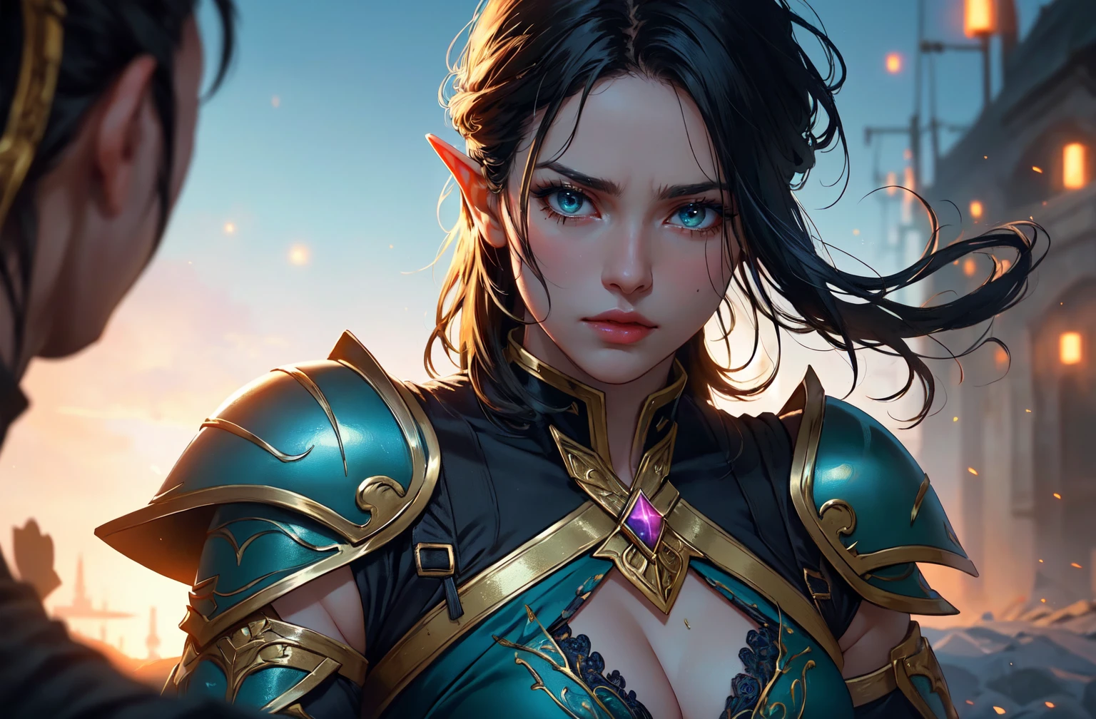 ((masterpiece)),(best quality), ((mature)) beautiful 1woman elf ranger, ((cinematic)), dynamic:1.2, intricate ((closed realistic)) armor, particles:1.2, (pastel:1.2), (black hair), (intricate cinematic background:1.2), (depth of field), (emotional face), fantasy, thriller, (Action movie), amazing, Powerful, Mysterious, ((dramatic scene from movie))