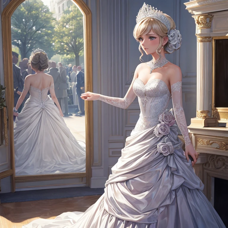 In a beautiful dress, a woman experiences her first ball, feeling a bit shy and self-conscious.
BREAK
The atmosphere is filled with the enchantment of the debutante's dance, and the woman navigates the event with a touch of bashfulness.