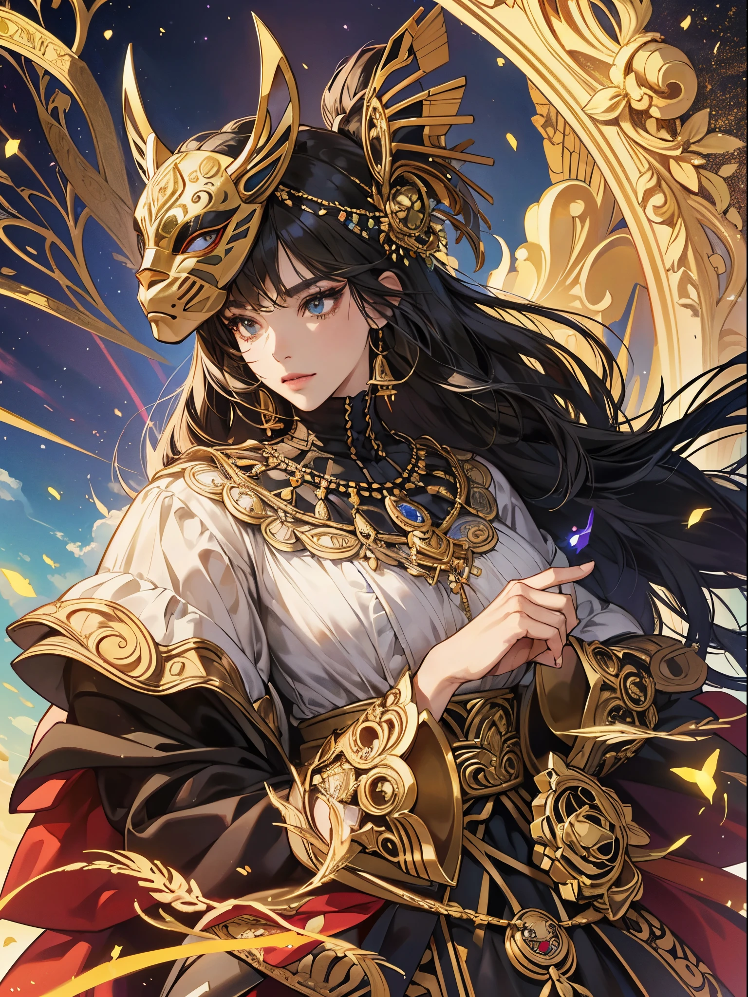 Black panther motif、Vibrant colors、((masterpiece)))、(((top-quality)))、((ultra-detailliert))、(A hyper-realistic)、(highly detailed CGillustration)、Official art、Land of Africa、Decadent、Brown-skinned、Black Beauty、Masquerade、refinement、Elegance、Gorgeous、Colorful and detailed mask design、matchless beauty、Fans、Sparkling Jewelry、Female Solo、Perfect Angle、perfect-composition