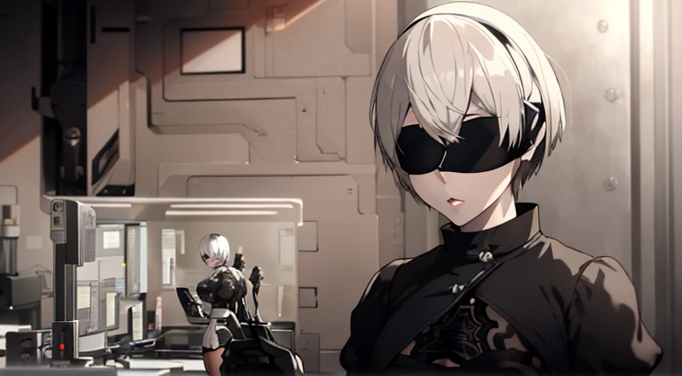 Anime character with white hair and black eyes holding tablet computer, NieR Automata 2b stills, nier automata, 2b nier automata, nier automata, Neil:automaton, Neil 2b, Screenshot of Nier Automata, Neil : Inspired by automata, Neil:Inspired by automata, Today’s recommended anime is still, From the maiden front