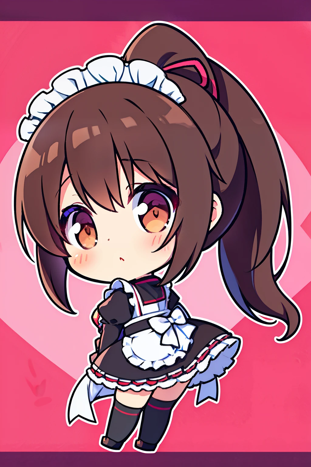 "anime girl, 1 person, dark brown hair, ponytail, ponytail, hair tied, brown eyes,chibi, maid, maid ta, pants socks, stockings,big breasts, blushing, full body,solo, side view front, (full HD 4K+ image )"