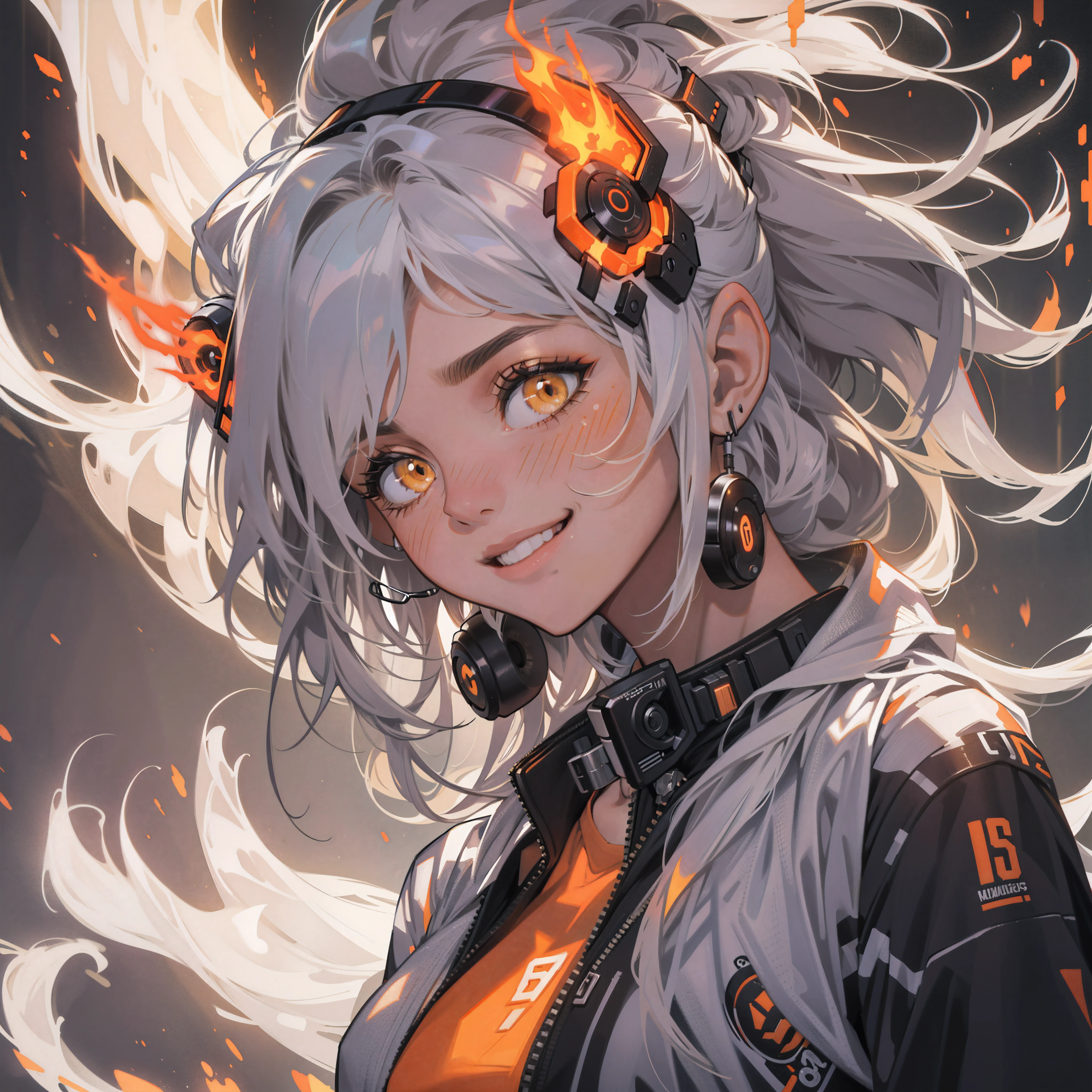Characters in the flames,large flames,Burning background,Effect of firepower on opponents,fiery,balls of fire,Best quality at best,tmasterpiece,Super high resolution fills the screen,Indoors at night,flame magic,Burning background,Intense burning,burning athlete,Yellow and orange color scheme,natta,inside a room,Orange neon color scheme,silvery white hair,Black fashion clothing,Orange and black clothes,boxer,beuaty girl,cyberpunk backgrouns,Lateral face,Smiling,Various laid-back poses,perfect make-up,love eyes,8K quality,cyber punk personage,sense of science and technology,Character backlighting,rim-light,Movement changes,Flowing hairstyle,loose hairstyle,Finger count refinement,The most beautiful girl of mankind,Wearing earphones,Luminous accessories,luminous earrings,Wear delicate accessories,Delicate close-up of the face,Lifelike image quality,Super light and shadow,Have a good figure,meticuloso,Have a good figure,Raised sexy,glowing,Cool,Ray gorgeous,,laughing very happily,