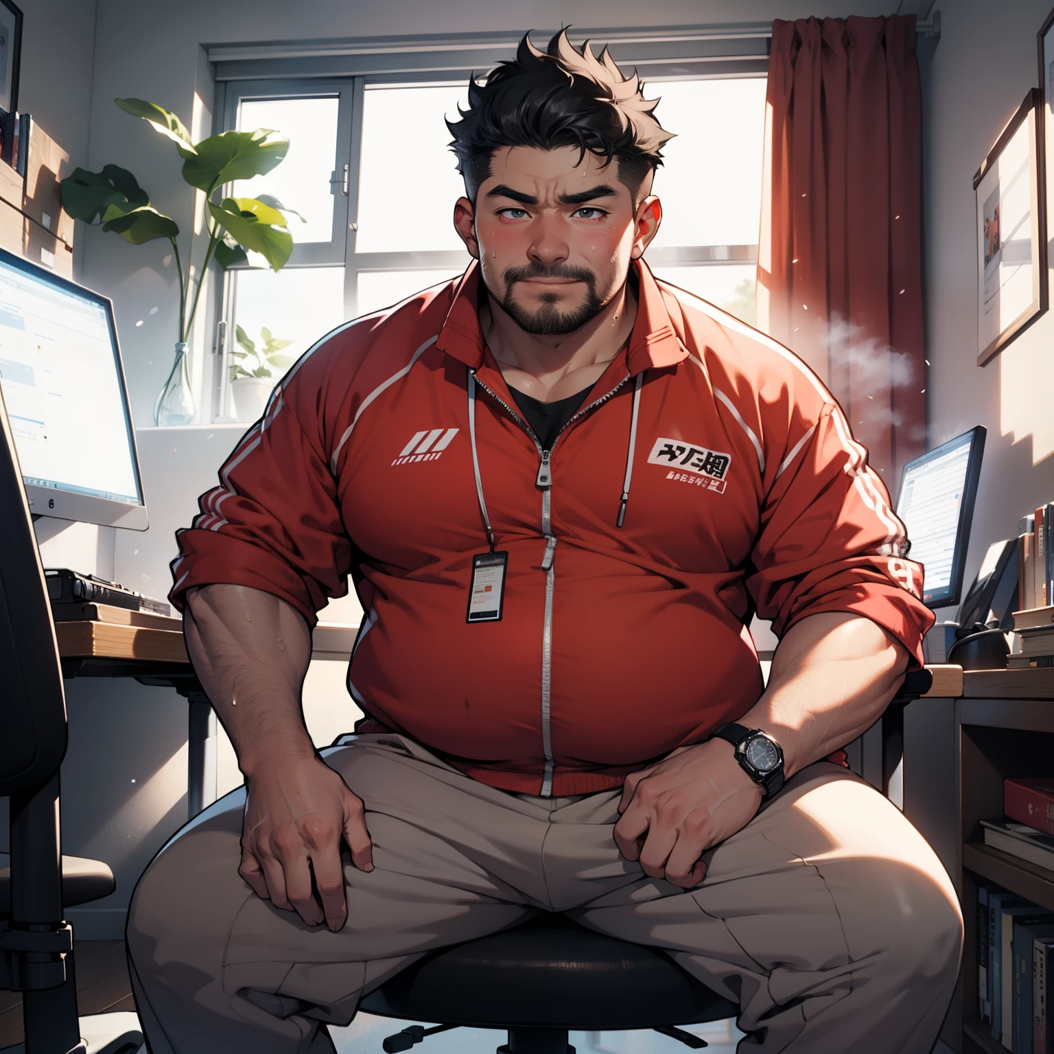 Japanese thick middle-aged man in his 40s,obesity with a protruding belly、short stature and short limbs、with round face、nerdy、Unshaven、short black curly hair,I sit in a chair in my room and go to my computer.,rub one's crotch,Dirty light gray simple sweat suit、Illustration Anime Style, He is breathing heavily and blushing excitedly., 4K, hyper HD, masuter piece