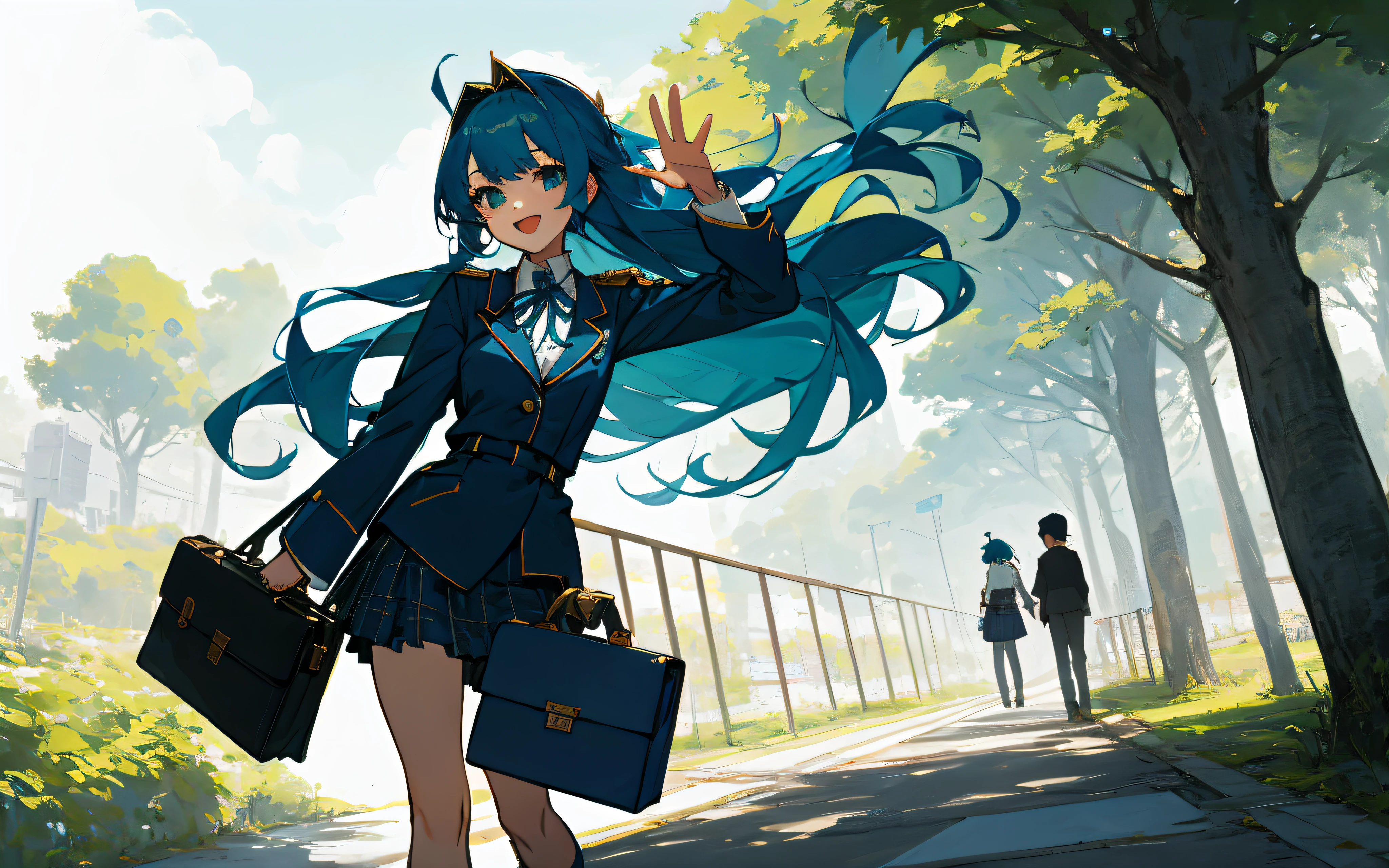 ​masterpiece、top-quality、high-level image quality、high-detail、1girl in、Anime girl in uniform with a handbag, 2 d anime style, anime moe art style, Trending on ArtStation pixiv, Anime girl with teal hair, Highly detailed art jam, lively girl、Short stature、slender、flat breast、Thin body、(blue and long hair)、(Upstyle Hair:1.3)、hair bunch、（（A tiny：1.５）、Holding her hair in place with a gold headpiece）、Disheveled bristles、校服、Dark blue blazer、white  shirt、bow ribbon、Plaid miniskirt、Beautiful thighs with gloss、white sock、lowfers、（（Nero：1.４）、Carry a briefcase on your shoulder）、Walking with a thigh、Coming to school、Wave your left hand loudly、Smile、Opening Mouth、waving hand in the air、Look at viewers、Background with、Wagas、Trees、Residential houses