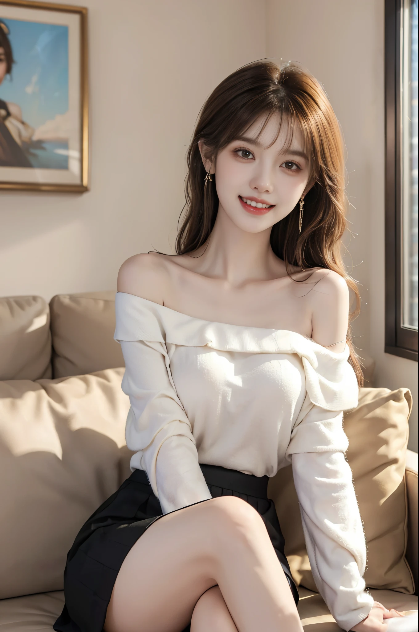 ((full bodyesbian)), ((Front Shooting)), ((actual)), ((from below)), 1个Giant Breast Girl, Posing for photos, Inside the room, Sit Pose, sitting in the couch, pretty legs, Lean your upper body slightly forward, looking at viewert, detailed scene, curlies, Air bangs, beautiful hair ornaments, Brownish-yellow hair, ((White off-shoulder one-shoulder shirt, black short skirt)), (Campus style), warmly lit, Warm color palette, detailed detail, ultra - detailed, (tmasterpiece, Best quality), (An extremely delicate and beautiful work), elaborate earrings, delicatenecklace, simple blurr background, Extremely detailed description, Ultra-fine painting, s delicate face, slim toned body, (ssmile, teeth showing), (Anatomical correct)
