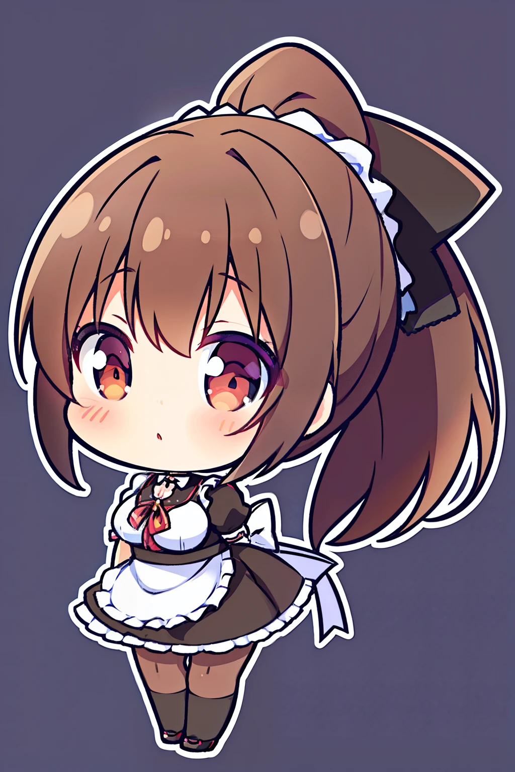 "anime girl, 1 person, dark brown hair, ponytail, ponytail, hair tied, brown eyes,chibi, maid, maid ta, pants socks, stockings,big breasts, blushing, full body,solo, side view  front, (full HD 4K+ image )"
