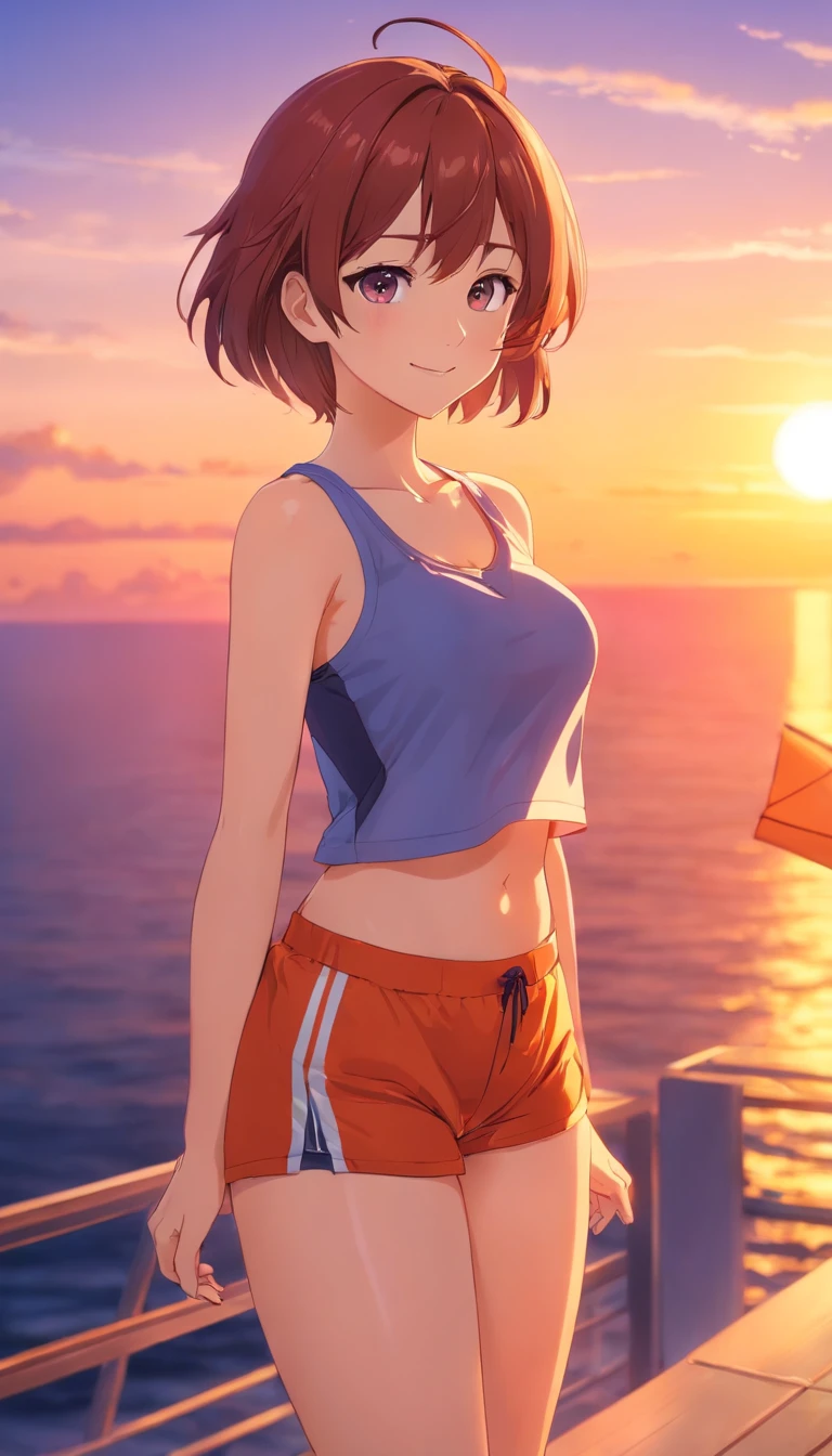1个Giant Breast Girl, photo model, ssmile, Focus on the viewer, beautiful light up, Best quality at best, tmasterpiece, Ultra-high sharpness, realisticlying, brunette color hair, short tank top, shorter pants, long socks, mediuml breasts, white skinned,( sunset backdrop:1.4)