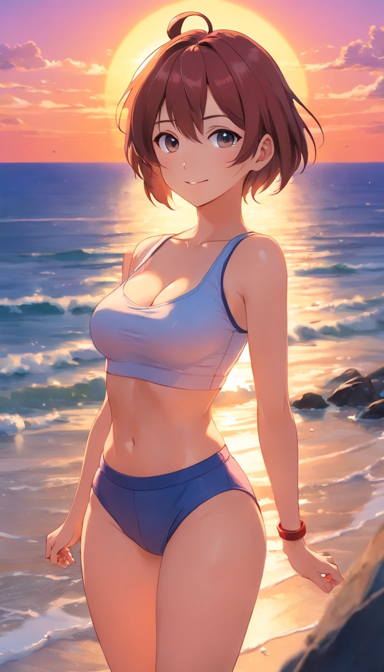 1个Giant Breast Girl, photo model, ssmile, Focus on the viewer, beautiful light up, Best quality at best, tmasterpiece, Ultra-high sharpness, realisticlying, brunette color hair, short tank top, shorter pants, long socks, mediuml breasts, white skinned,( sunset backdrop:1.4)