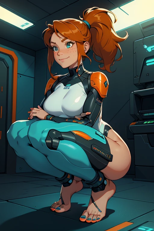 a beautiful, young, t cyborg woman, wearing skintight cybernetic technological, facial freckles, teal toe nail polish, cybernetics in her face, head and arms, visibly barefoot, white, black teal and orange body armor, , with brown wavy hair in a short ponytail, in a futuristic room,squatting, smiling.