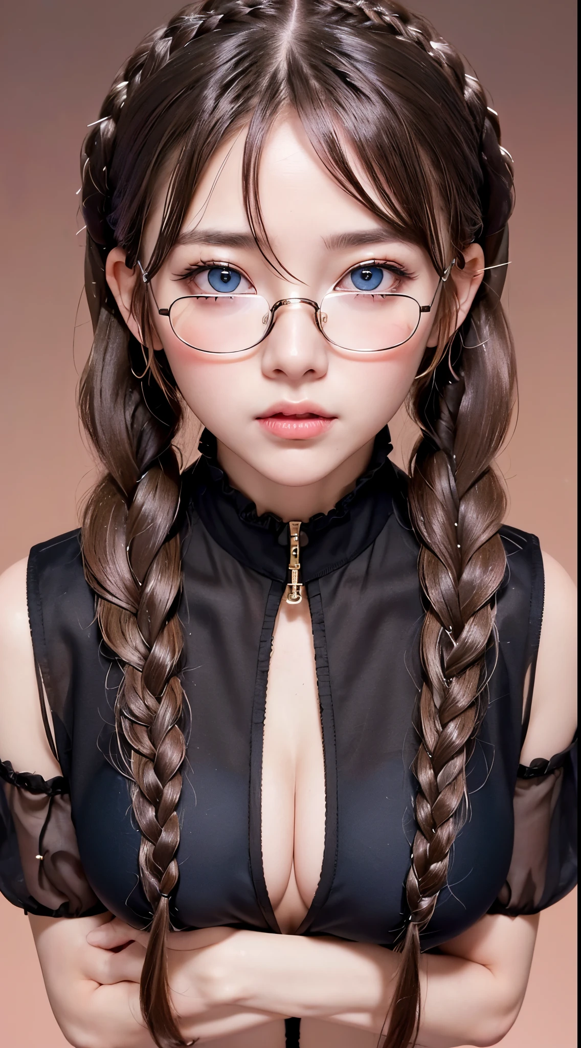 1womanl,Golden head hair, ,((Impatient expression)),Beautiful breasts,Black Rubber Dress,well-styled,,(Facing the front)(((Blushing cheeks、Surprised look)),(((Braids))),((( Full body portrait)))Frameless glasses,Blue eyes,(((Bangs are aligned)))((see -through))
