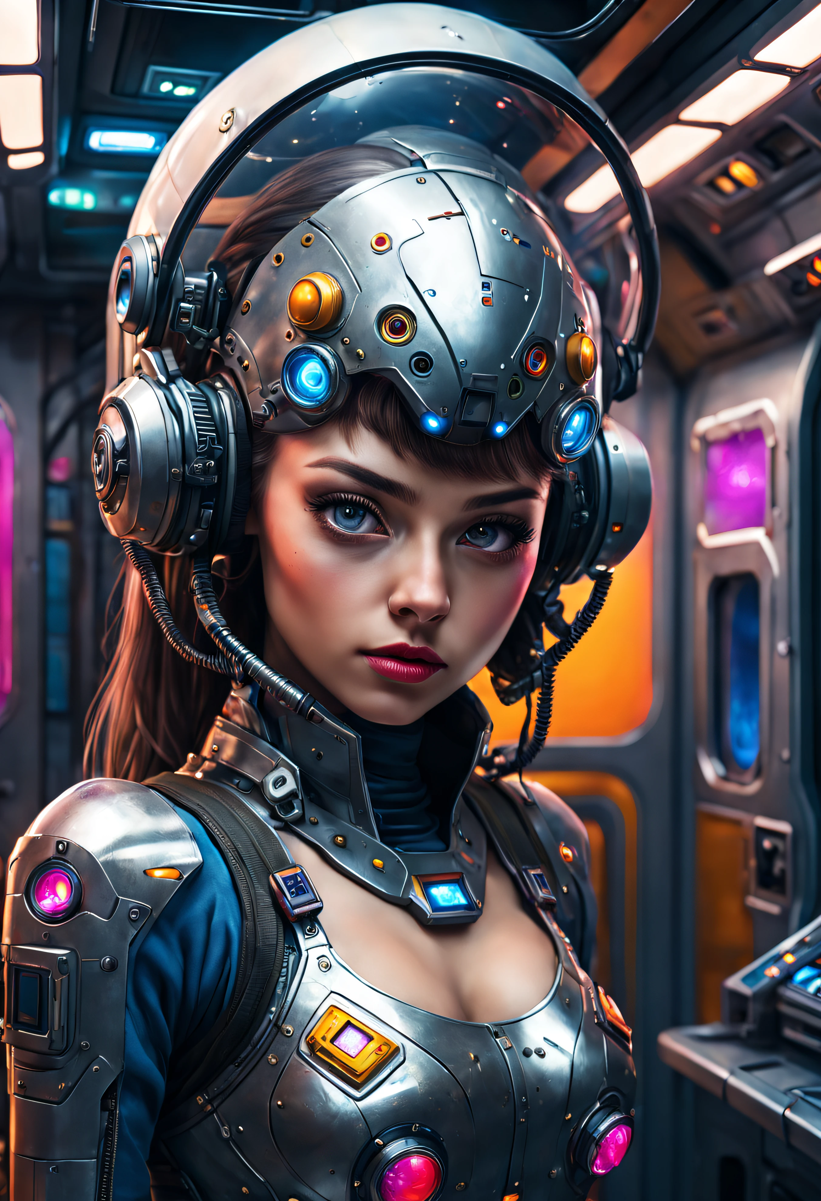(cuerpo completo), nitida, imagen fotorrealista de una joven exuberante, espectacular, piernas de culturista, con uniforme con minifalda, cyberpunk , ((se encuentra en centro de control de estacion espacial)), color de ojos vibrante, ((intricate machine details)), alta calidad, brillante, reflejo de luz, cinematic full shot, realismo, fantasy, colores vibrantes,8k