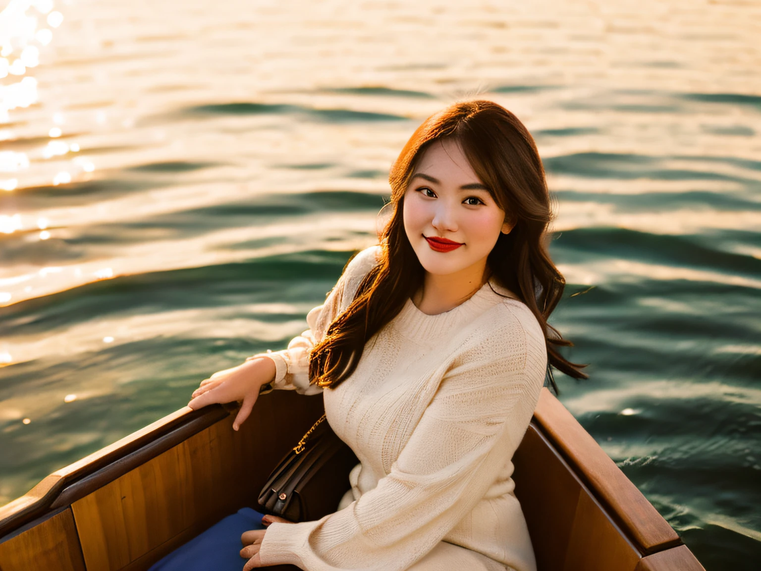 there is a woman sitting on a boat with a purse, on a boat, on a boat on a lake, at golden hour, a young asian woman, alluring plus sized model, 50mm portrait, shot at golden hour, photo taken with canon 5d, at sunset, golden hour sun, golden hour sunlight, young asian woman, portrait image