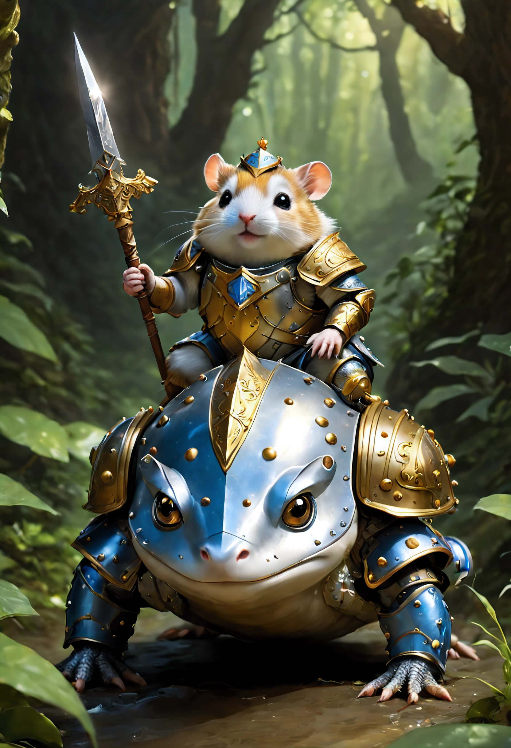 Hamster the Paladin, a pint-sized hero, rides gallantly on the back of an armored frog, their determined expressions capturing the essence of a lighthearted yet courageous quest for adventure.