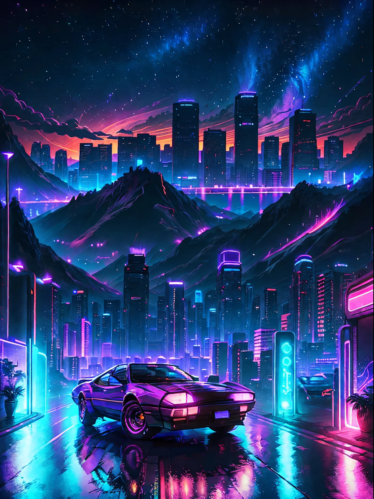retrowave. city, car, road,  purple neon lights, sun, mountain, 
(masterpiece,detailed,highres),