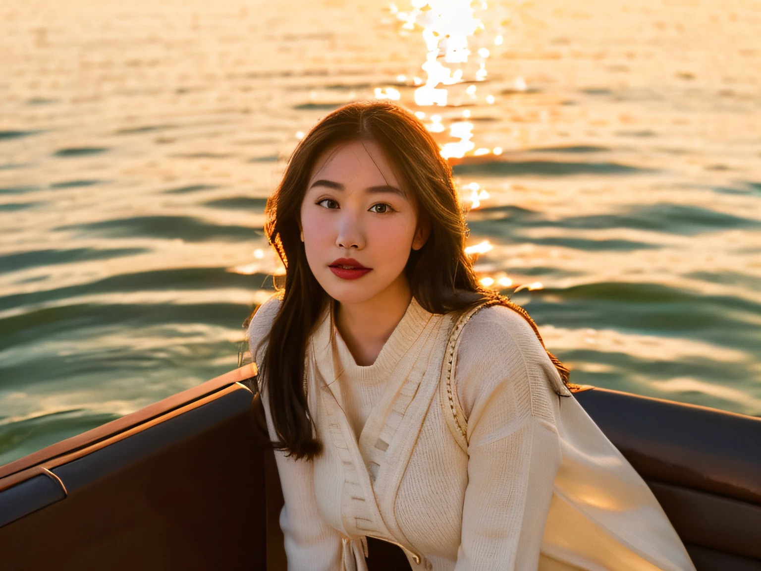 there is a woman sitting on a boat with a purse, on a boat, on a boat on a lake, at golden hour, a young asian woman, alluring plus sized model, 50mm portrait, shot at golden hour, photo taken with canon 5d, at sunset, golden hour sun, golden hour sunlight, young asian woman, portrait image