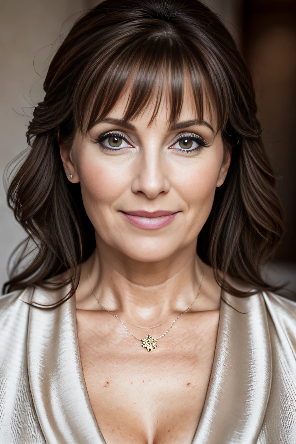 Photo of a mature European woman, Milf, beautiful face, brown hair, slightly aged, 45 year old, closeup, neutral colours, bokeh lighting, spa setting, cleavage, spa robe, fashion shoot, elegant mature