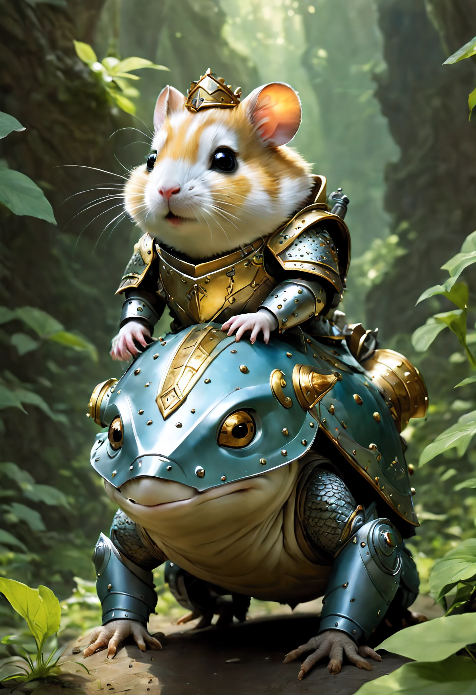 Hamster the Paladin, a pint-sized hero, rides gallantly on the back of an armored frog, their determined expressions capturing the essence of a lighthearted yet courageous quest for adventure.