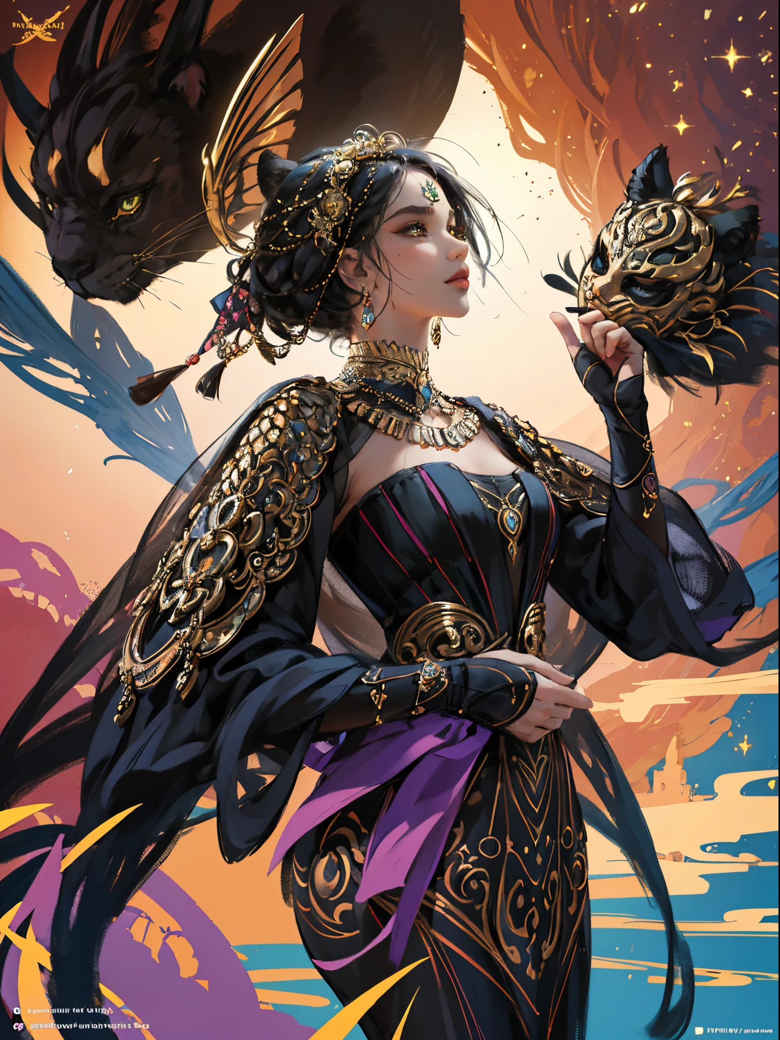 Black panther motif、Vibrant colors、((masterpiece)))、(((top-quality)))、((ultra-detailliert))、(A hyper-realistic)、(highly detailed CGillustration)、Official art、Land of Africa、Decadent、Brown-skinned、Black Beauty、Masquerade、refinement、Elegance、Gorgeous、Colorful and detailed mask design、matchless beauty、Fans、Sparkling Jewelry、Female Solo、Perfect Angle、perfect-composition
