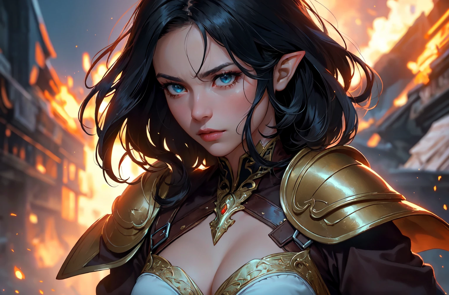 ((masterpiece)),(best quality), ((mature)) beautiful 1woman elf ranger, ((cinematic)), dynamic:1.2, intricate ((closed realistic)) armor, particles:1.2, (pastel:1.2), (black hair), (intricate cinematic background:1.2), (depth of field), (emotional face), fantasy, thriller, (Action movie), amazing, Powerful, Mysterious, ((dramatic scene from movie))