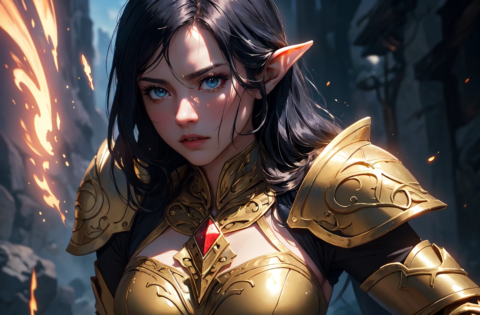 ((masterpiece)),(best quality), ((mature)) beautiful 1woman elf ranger, ((cinematic)), dynamic:1.2, intricate ((closed realistic)) armor, particles:1.2, (pastel:1.2), (black hair), (intricate cinematic background:1.2), (depth of field), (emotional face),  fantasy, thriller, (Action movie), amazing, Powerful, Mysterious, ((dramatic scene from movie))