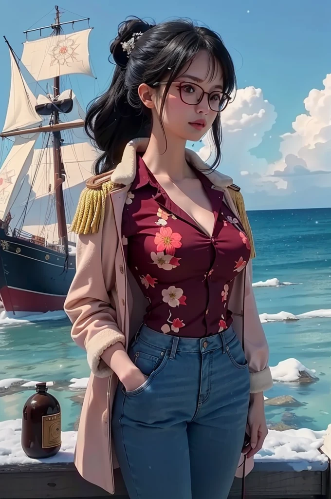 ultra realistic 8k cg, masterpiece, ((ultra detailed background, delicate pattern, intricate detail)), (highly detailed, fine details), best quality, (photorealistic:1.4),beautiful lighting,  absurdres, RAW photo, film grain, ((medium breasts, slim girl)), Tashigi, 1girl, solo, black hair, glasses, epaulettes, gloves, closed mouth, blue hair,  long hair, red-framed eyewear, pants, coat, shirt, brown eyes, floral print, (complex detailed background, snowy nature environment, snow, daytime, sunny, close-up, portrait),((slim girl, medium breasts)),