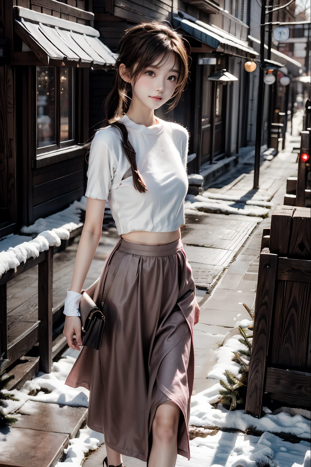 A woman walking down a sidewalk in a skirt and white shirt - SeaArt AI